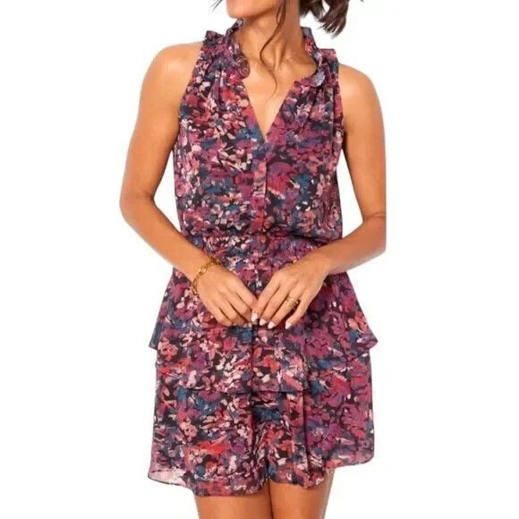 Evereve Josie Mini Dress Size Small Multicolor Tiered Ruffled Floral Sleeveless - Picture 1 of 12